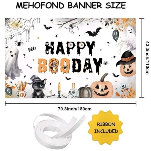 MEHOFOND Happy Booday Party Backdrop, Halloween Ghost Happy Birthday Party Decor - Picture 2 of 6